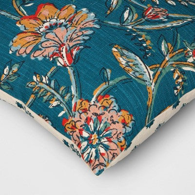 Square Floral Reversible Throw Pillow with Block Print Teal - Threshold™