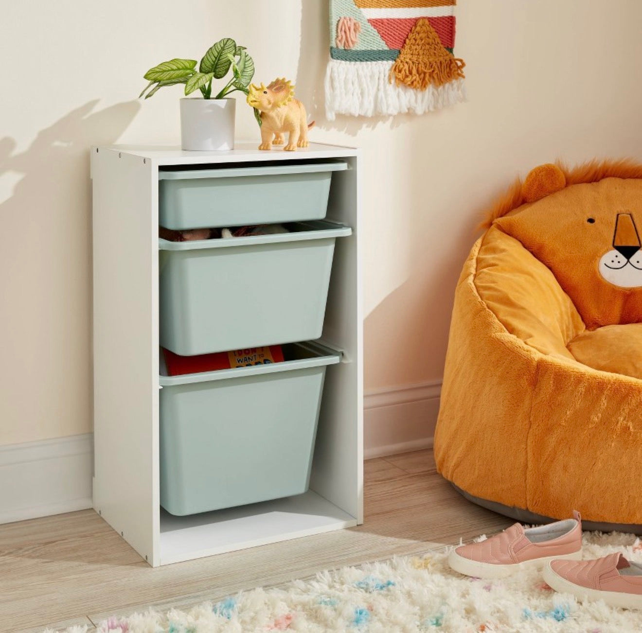Multi-Bin Kids' Storage Smoke Green - Pillowfort™: Toy Storage Rack, 3 Shelves, 30" Recycled Plastic