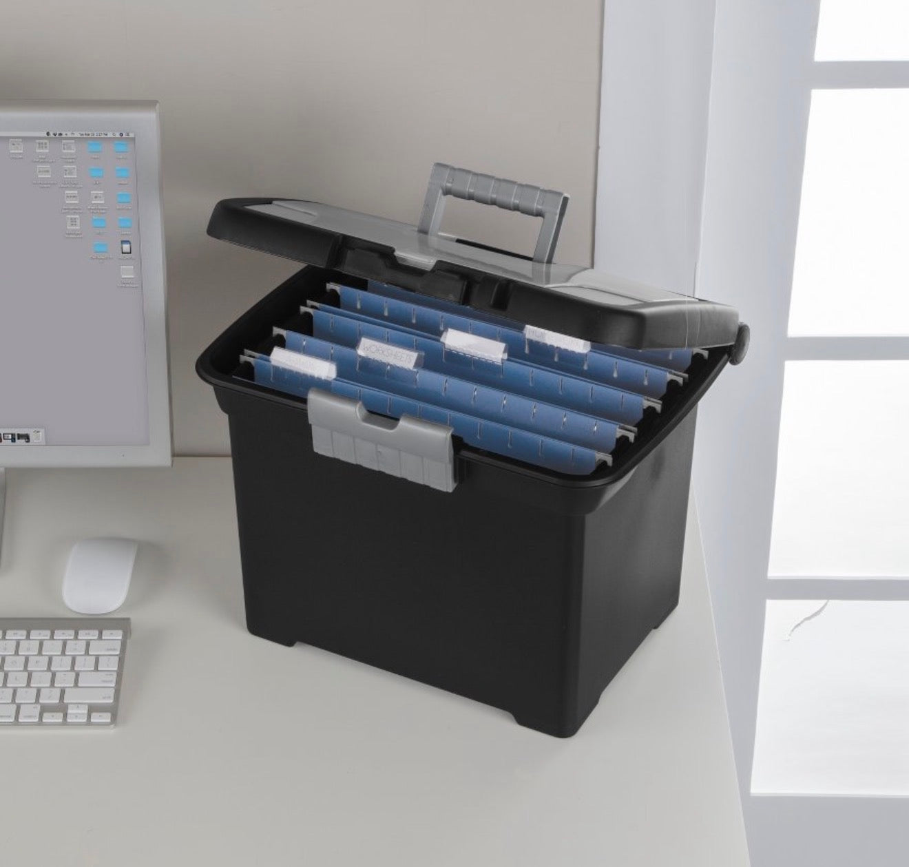 Sterilite Medium Letter File Box Black: Plastic File Organizer with Handle & Clear Cover