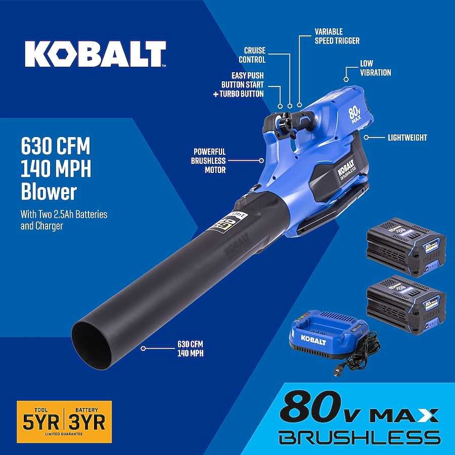 Kobalt 80-volt 630-CFM 140-MPH Battery Handheld Leaf Blower 2.5 Ah Battery and Charger Included