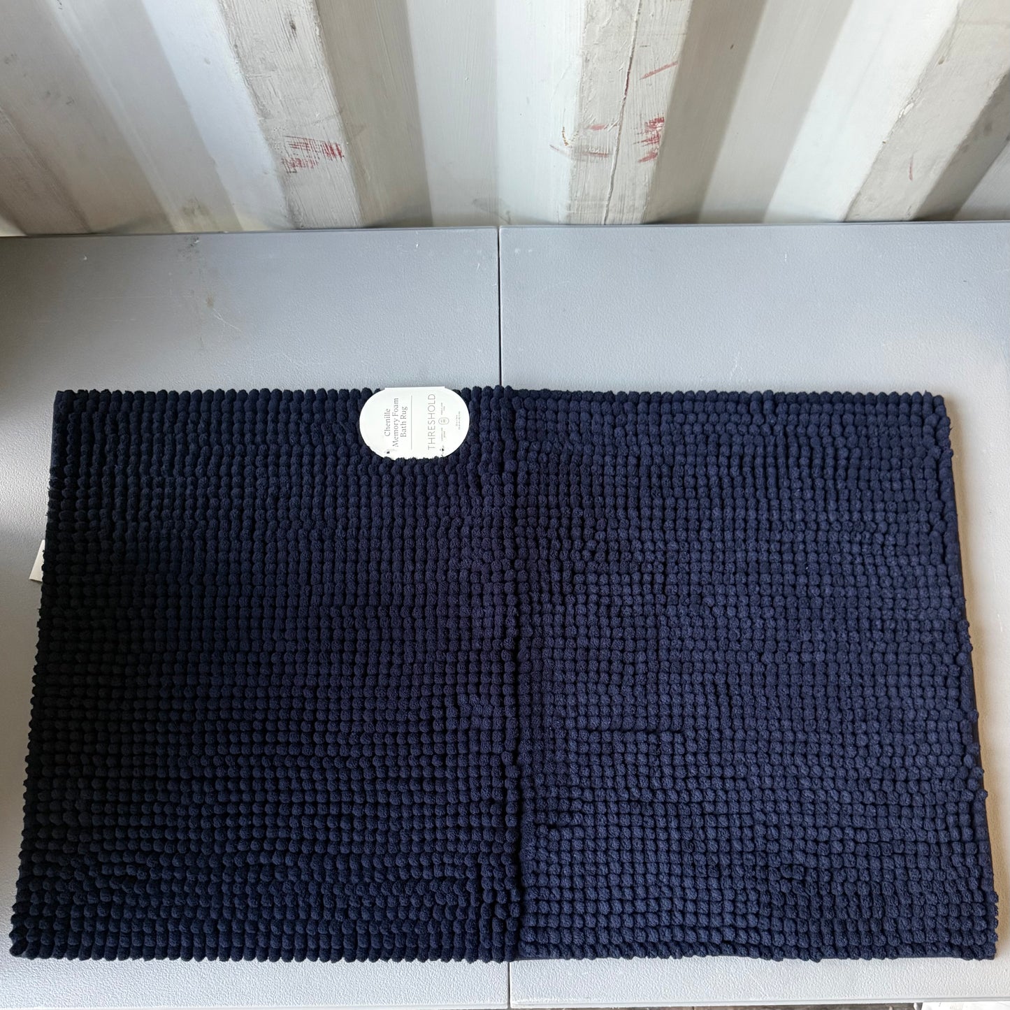 20"x34" Low Chenille Memory Foam Bath Rug Navy - Threshold™: Recycled Polyester, Machine Washable, OEKO-TEX Certified
