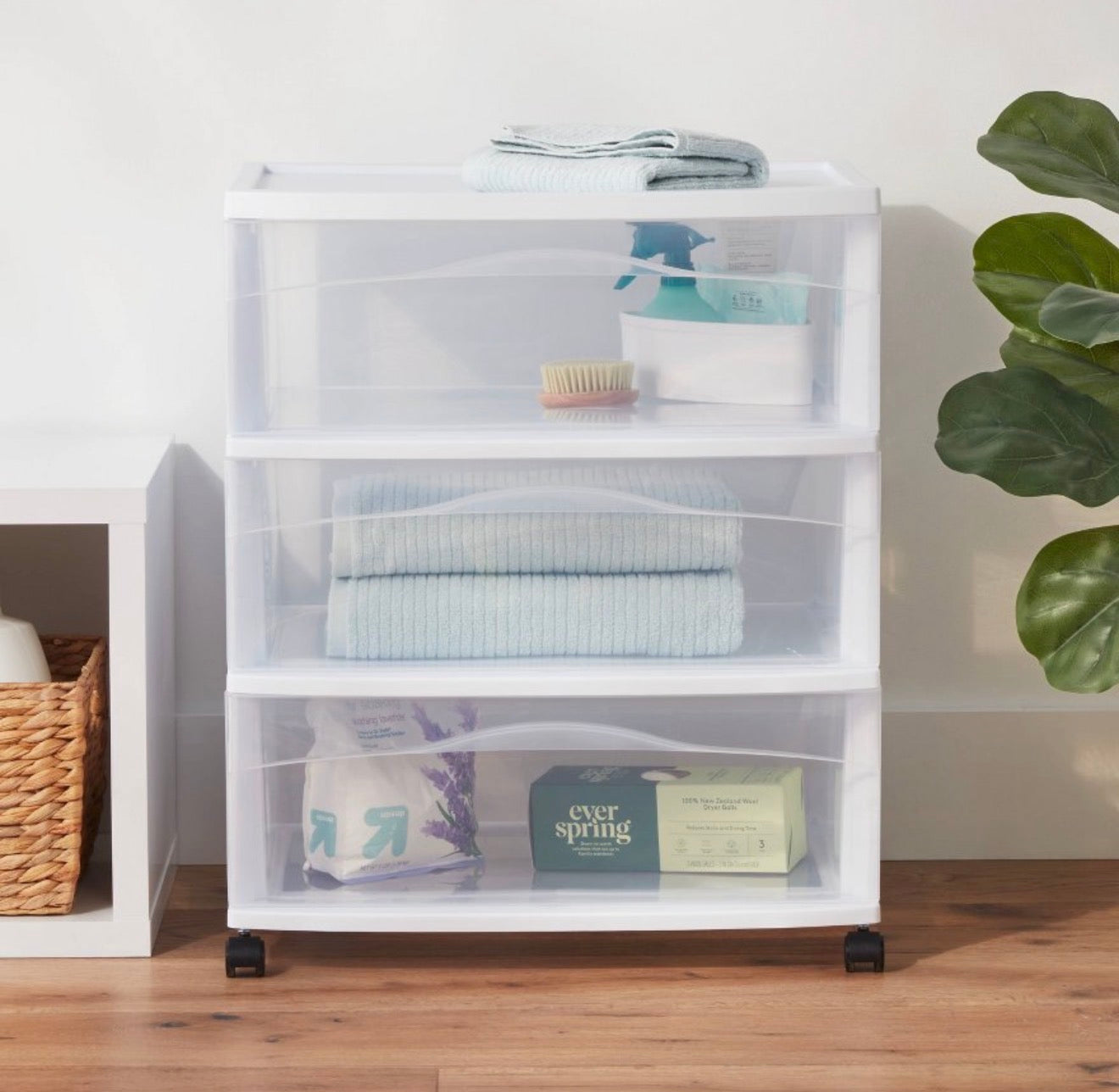 3 Drawer Wide Cart White - Brightroom™: Plastic Storage Drawers with Casters