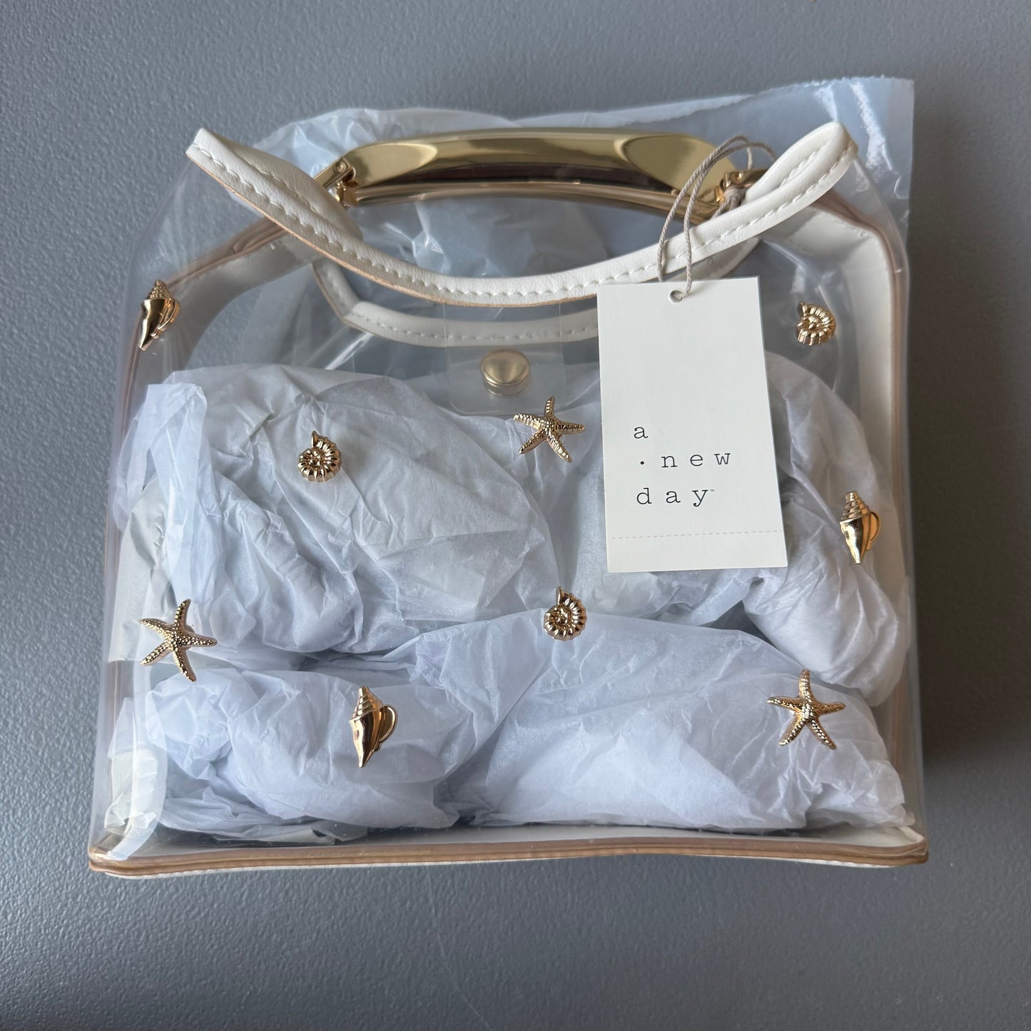 Mini Slouch Clear Seashell Embellished Handbag w/ Gold Handle- A New Day