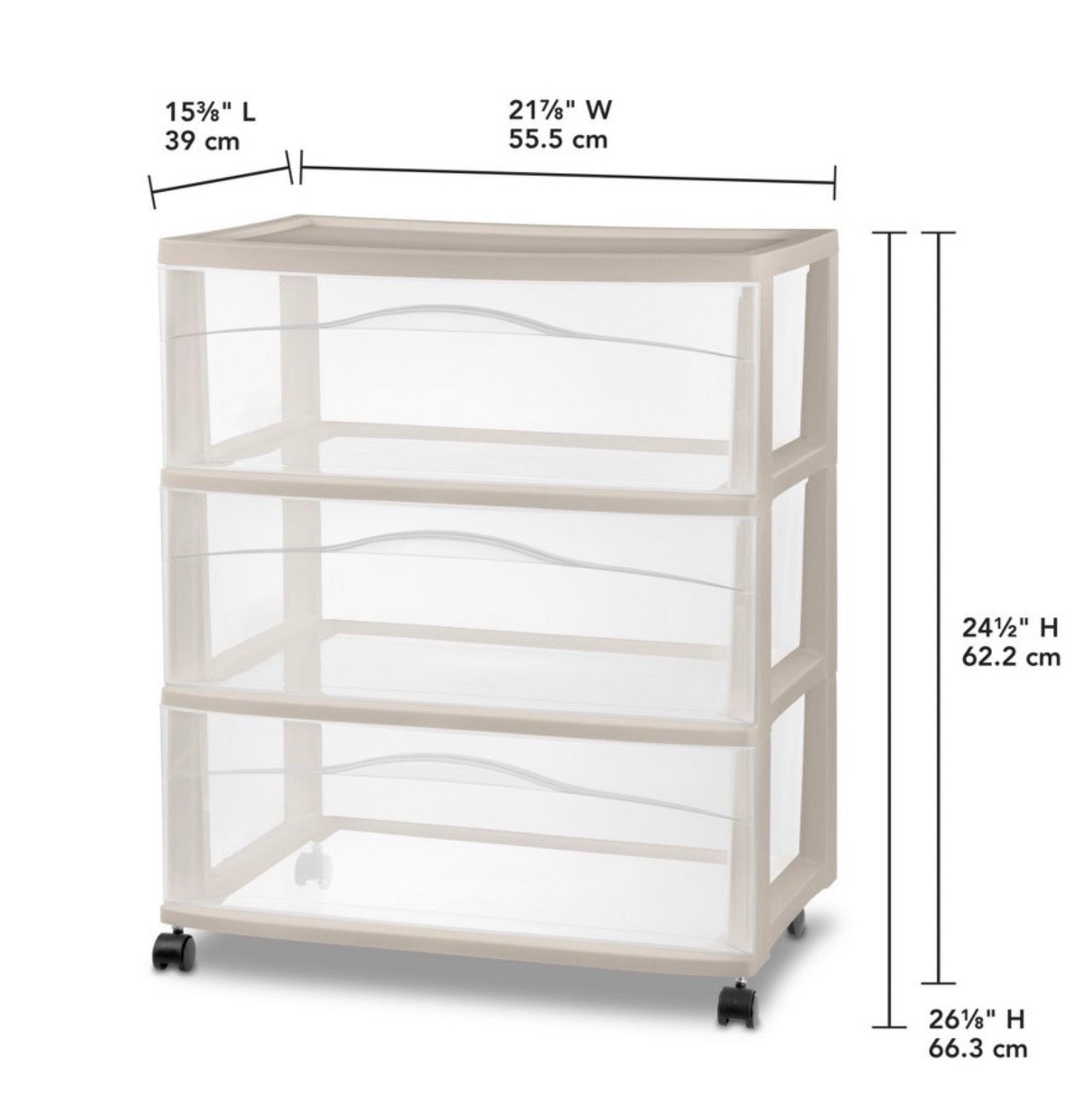 Sterilite Wide 3 Drawer Storage Cart, Plastic Organizer with Wheels, White