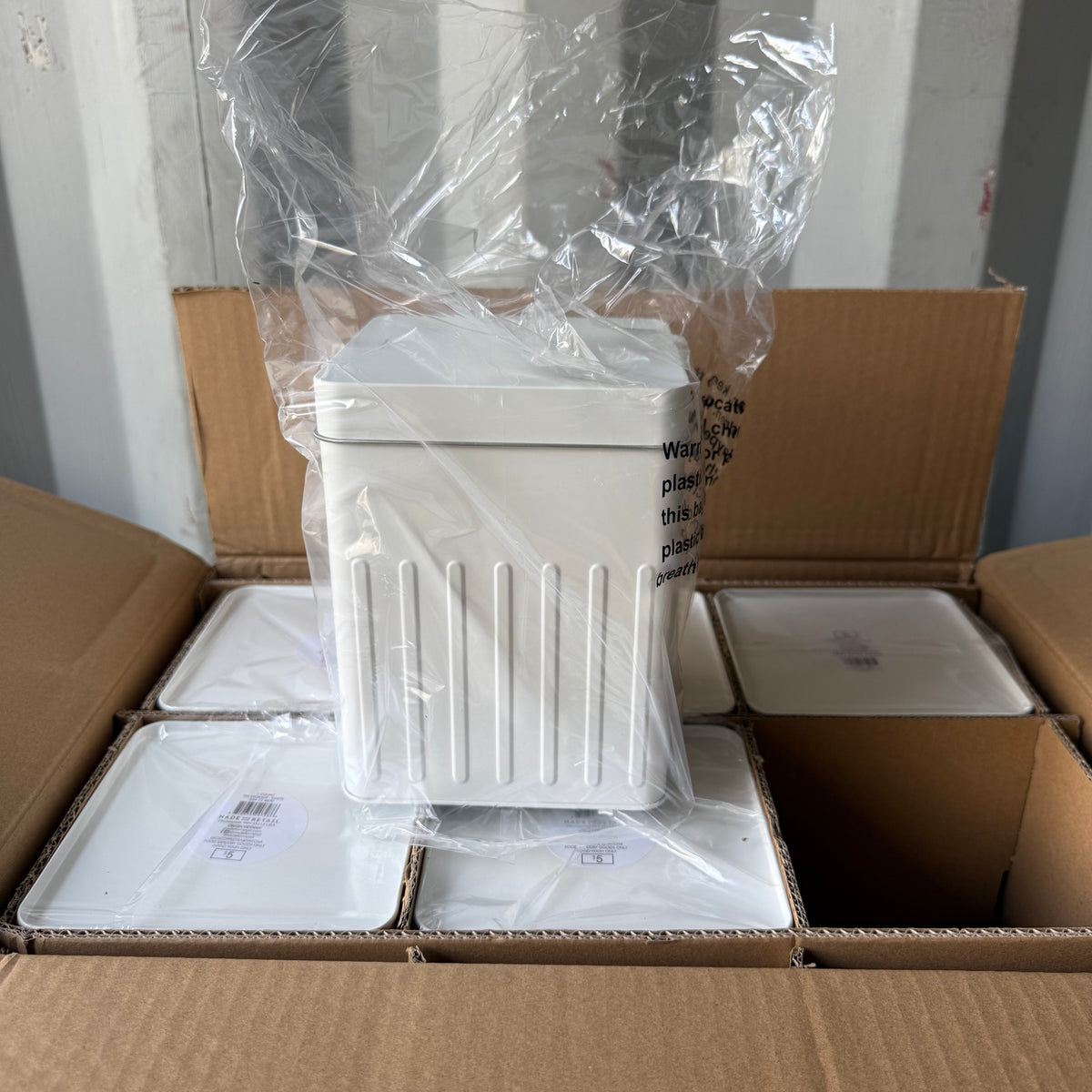 Box of 6 White Metal Storage Tins