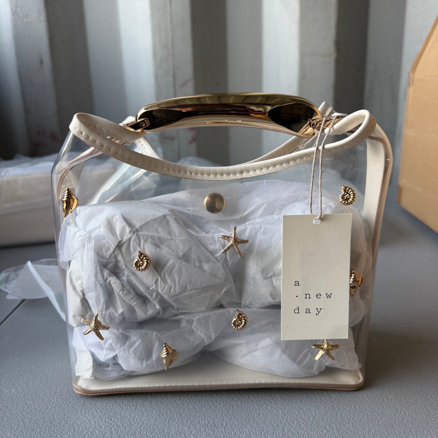 Mini Slouch Clear Seashell Embellished Handbag w/ Gold Handle- A New Day