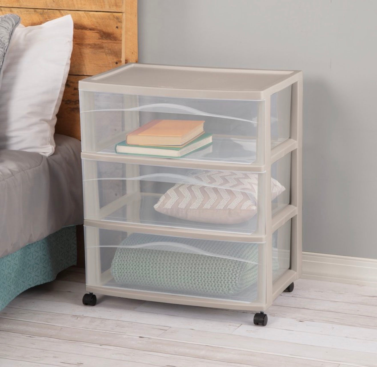 Sterilite Wide 3 Drawer Storage Cart, Plastic Organizer with Wheels, White