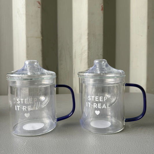Set of 2 "Steep It Real" Glass Tea Infuser Mugs