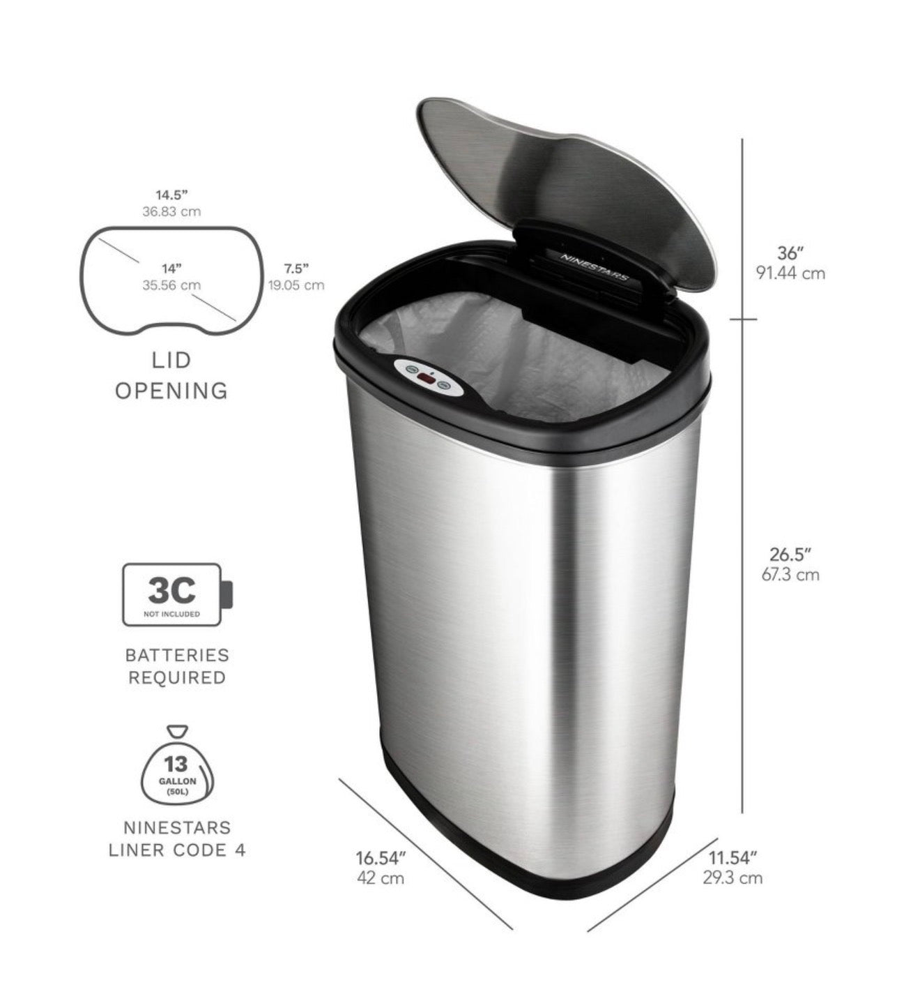 Nine Stars Combo 13gal/50L + 3.2gal/12L Motion Sensor Step Trash Can: Touchless, Dual Compartment