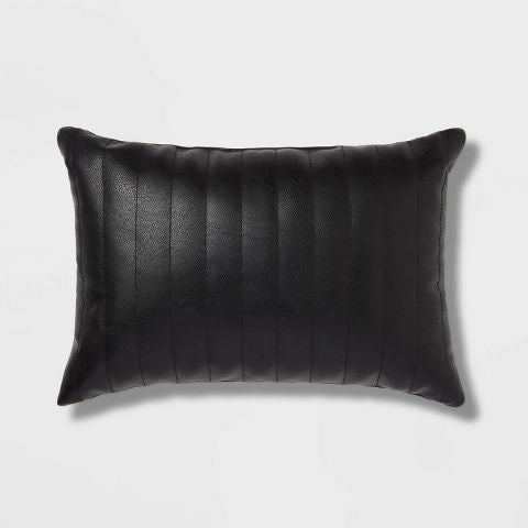 Set of 2 Oblong Faux Leather Channel Stitch Decorative Throw Pillows Black - Threshold™