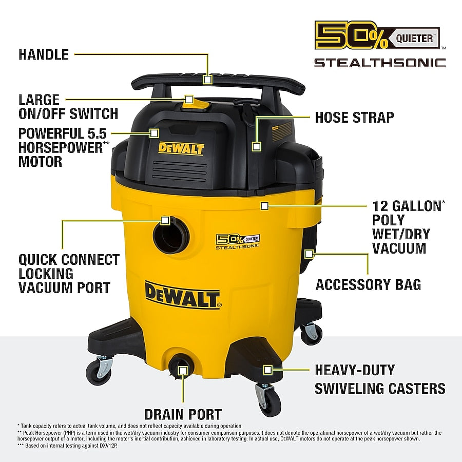 DEWALT Stealthsonic Quiet 12-Gallon 5.5 HP Corded Wet/Dry Shop Vacuum