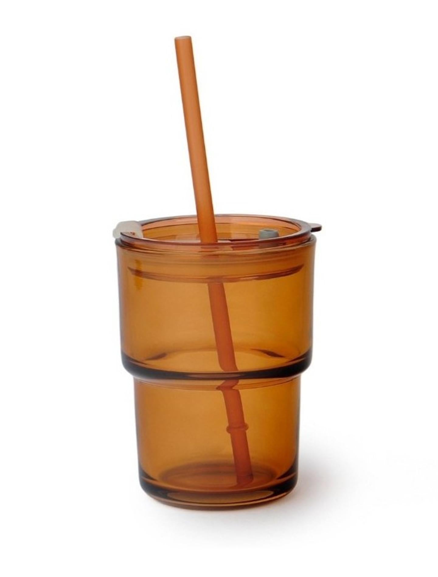 Set of 8 13oz Glass Cups with Straw Pink & Brown