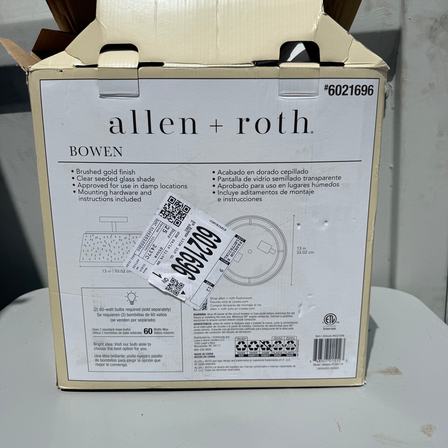 allen + roth Bowen 13-in Brushed gold Indoor 2 -Light Semi-flush Mount Light w/ Seeded Glass