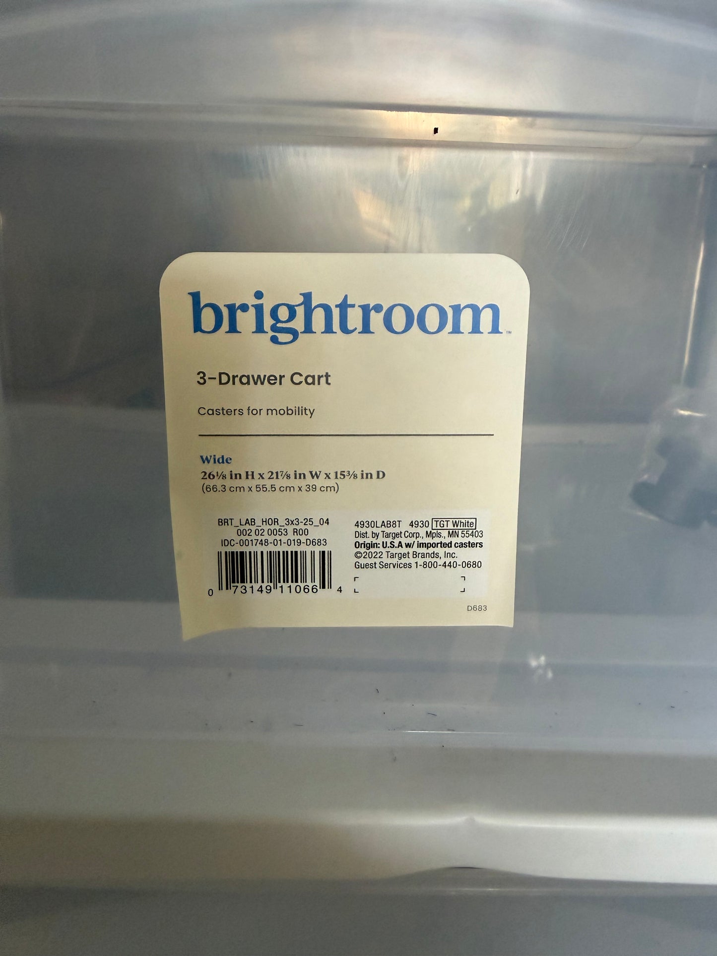 3 Drawer Wide Cart White - Brightroom™: Plastic Storage Drawers with Casters