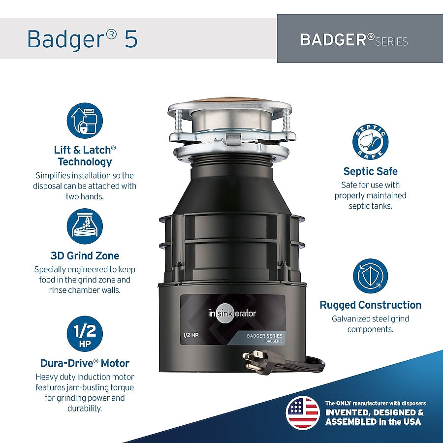 InSinkErator Badger 5 Continuous feed 1/2-HP Septic Safe Corded Garbage Disposal