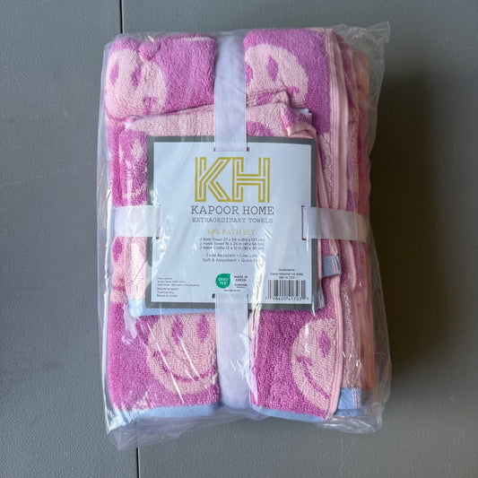 6pc Bath Towel Set Pink Striped Smiles - Kapoor Home