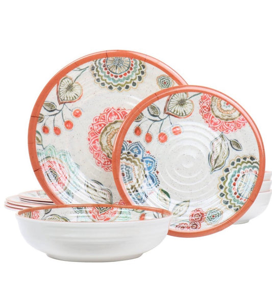 12pc Ester Melamine Dinnerware Set - Elama: Floral Pattern, Off-White