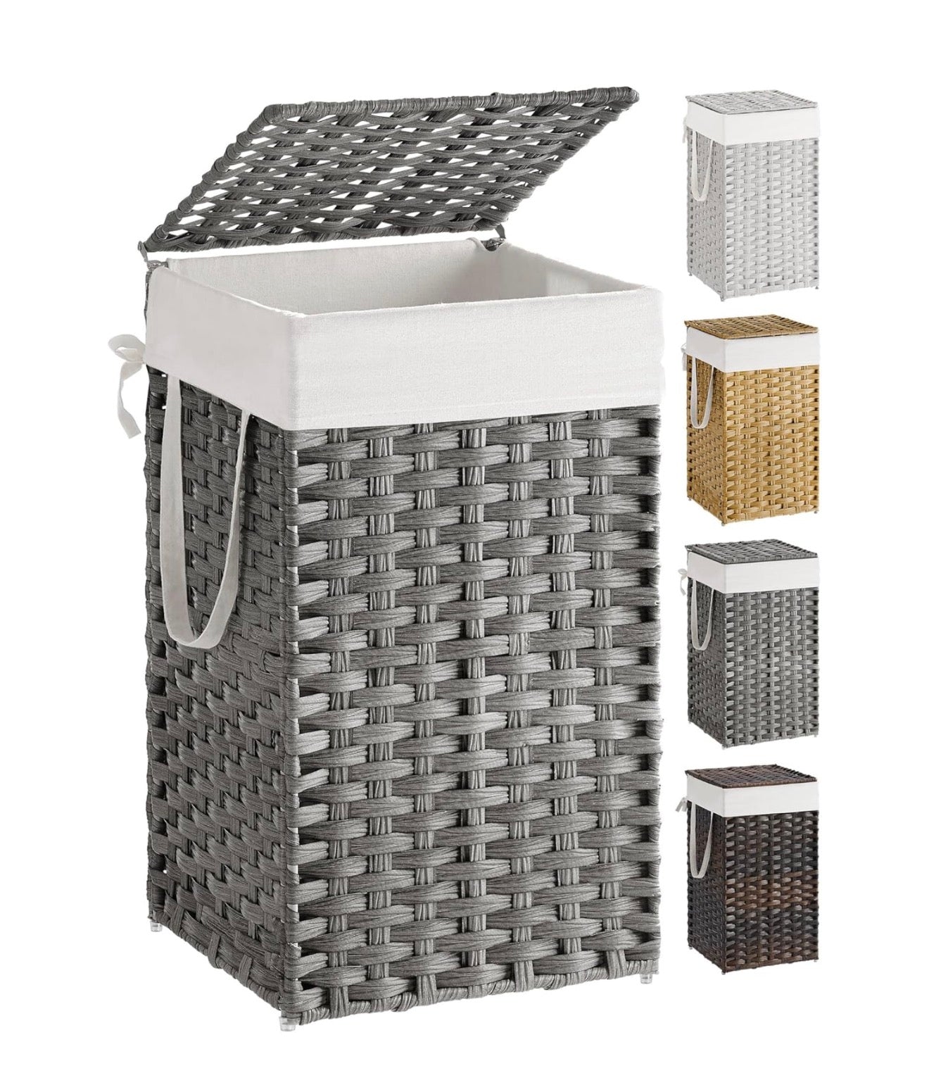 SONGMICS Laundry Hamper with Lid, 17.2 Gallon (65 L) Synthetic Rattan Clothes Laundry Basket with Lid and Handles, Foldable, Removable Liner, Dove Gray