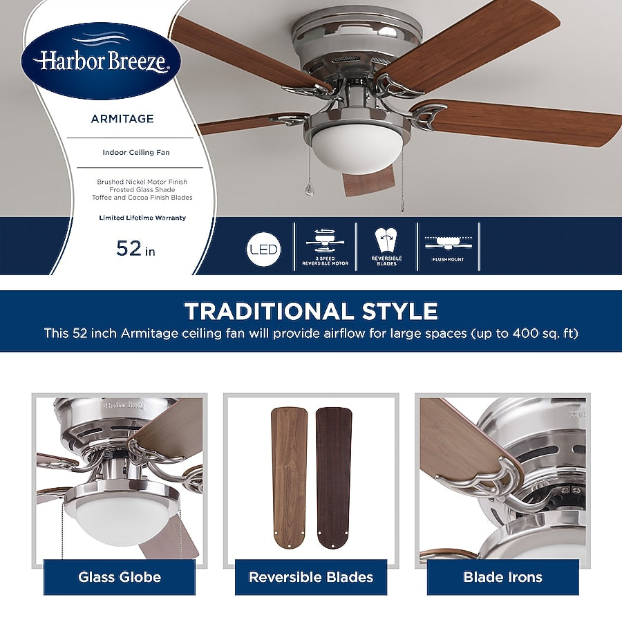 Harbor Breeze Armitage 52-in Brushed Nickel Flush Mount Ceiling Fan with Toffee/Cocoa Reversible Blades