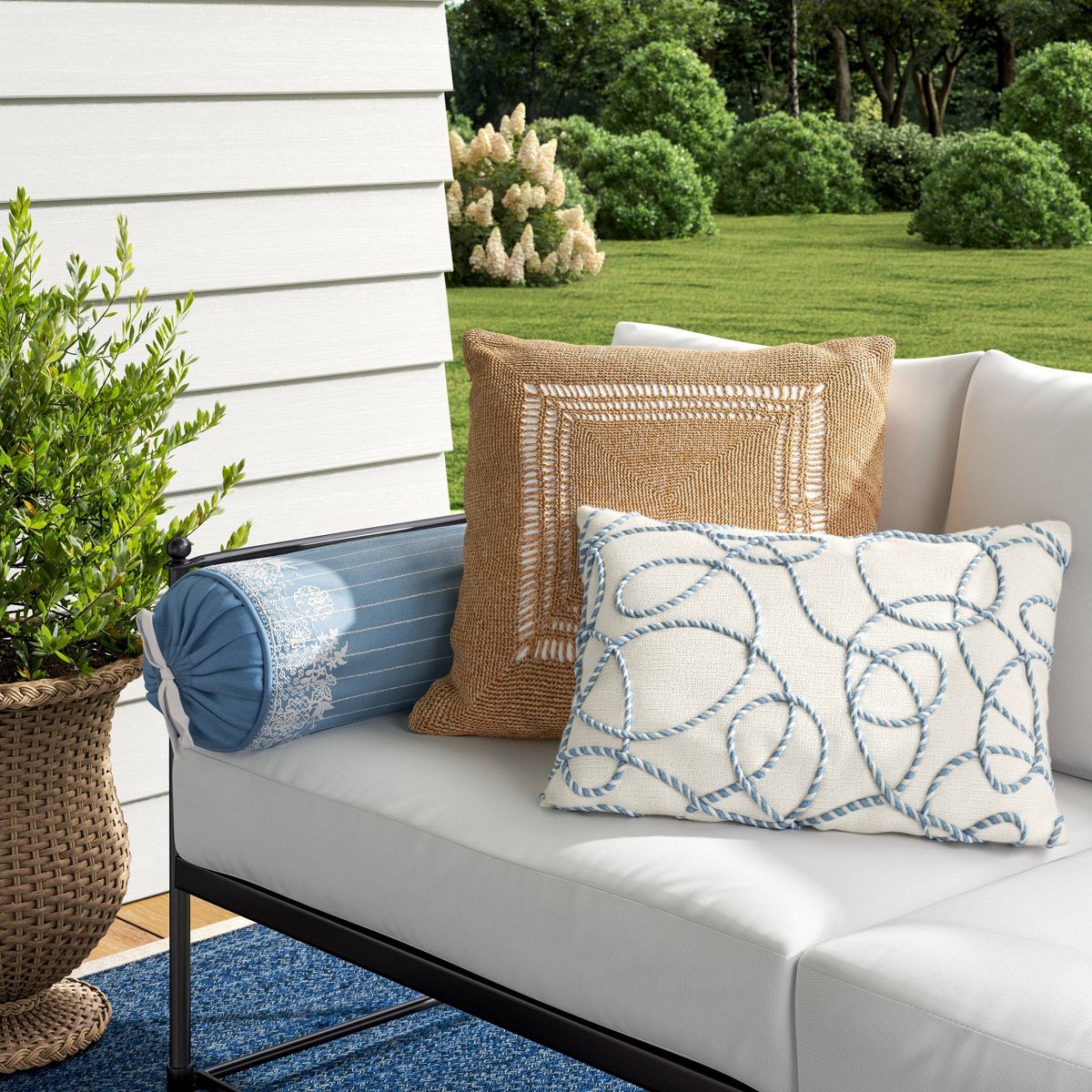 20"x8" Woven Stripe Side-Tie Outdoor Patio Throw Pillow Blue - Threshold™ designed with Studio McGee