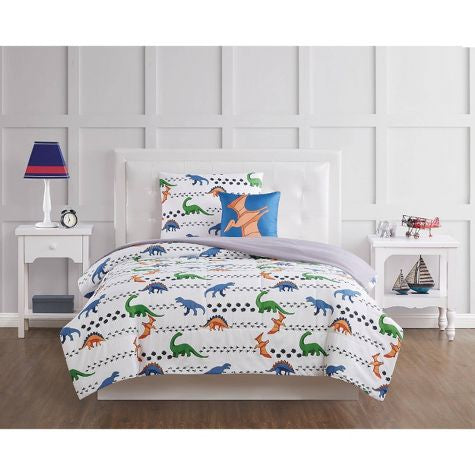 Twin 3pc Dino Tracks Reversible Kids' Comforter Set White - My World: Dinosaur Bedding for Boys