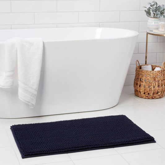 20"x34" Low Chenille Memory Foam Bath Rug Navy - Threshold™: Recycled Polyester, Machine Washable, OEKO-TEX Certified