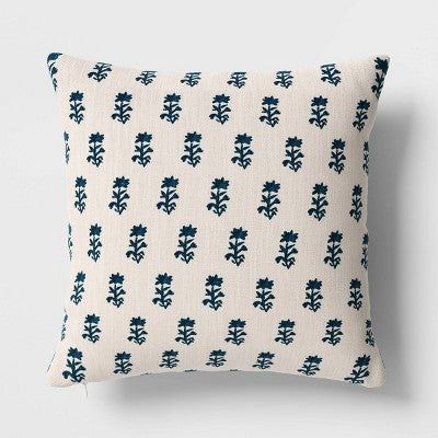 Square Floral Reversible Throw Pillow with Block Print Teal - Threshold™