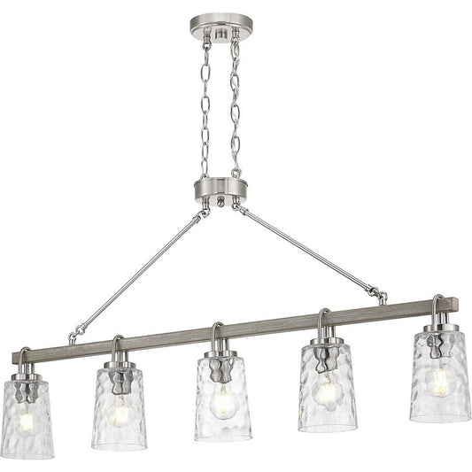 Progress Lighting Tiana 5 Light Brushed Nickel with Driftwood Accents Coastal Clear Glass Linear Large Hanging Kitchen Island Light