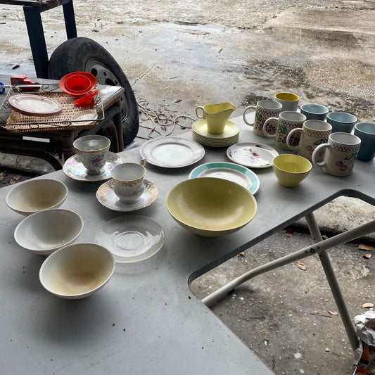 Yellow Ceramic Saucers + Mugs